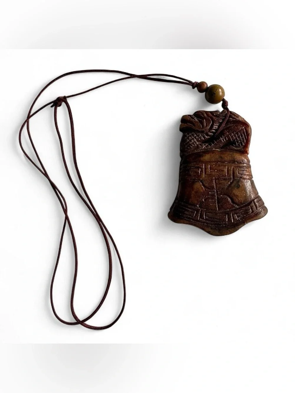 Vintage Carved brown/russet jade pendant featuring archaic style pattern dragon